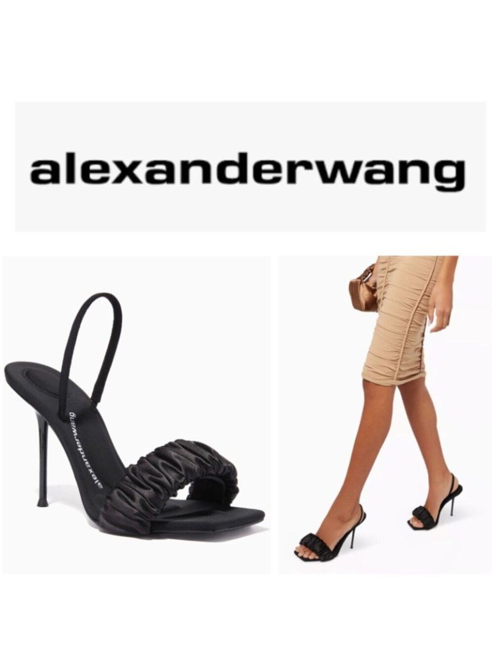 Alexander Wang Black Ruched Satin Slingback Heels Sandals Size 37.5 Square Toe